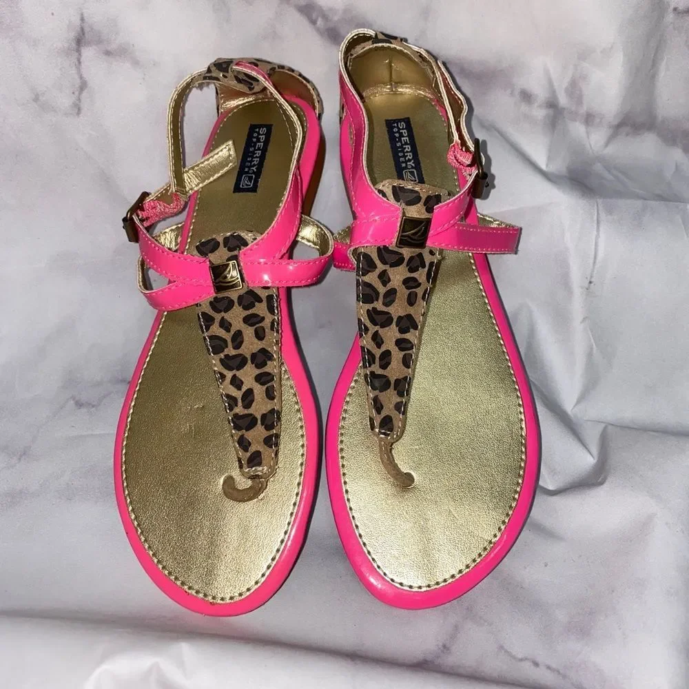Sperry Little Girls' Leopard Summerlin T-Strap Sandals size 4